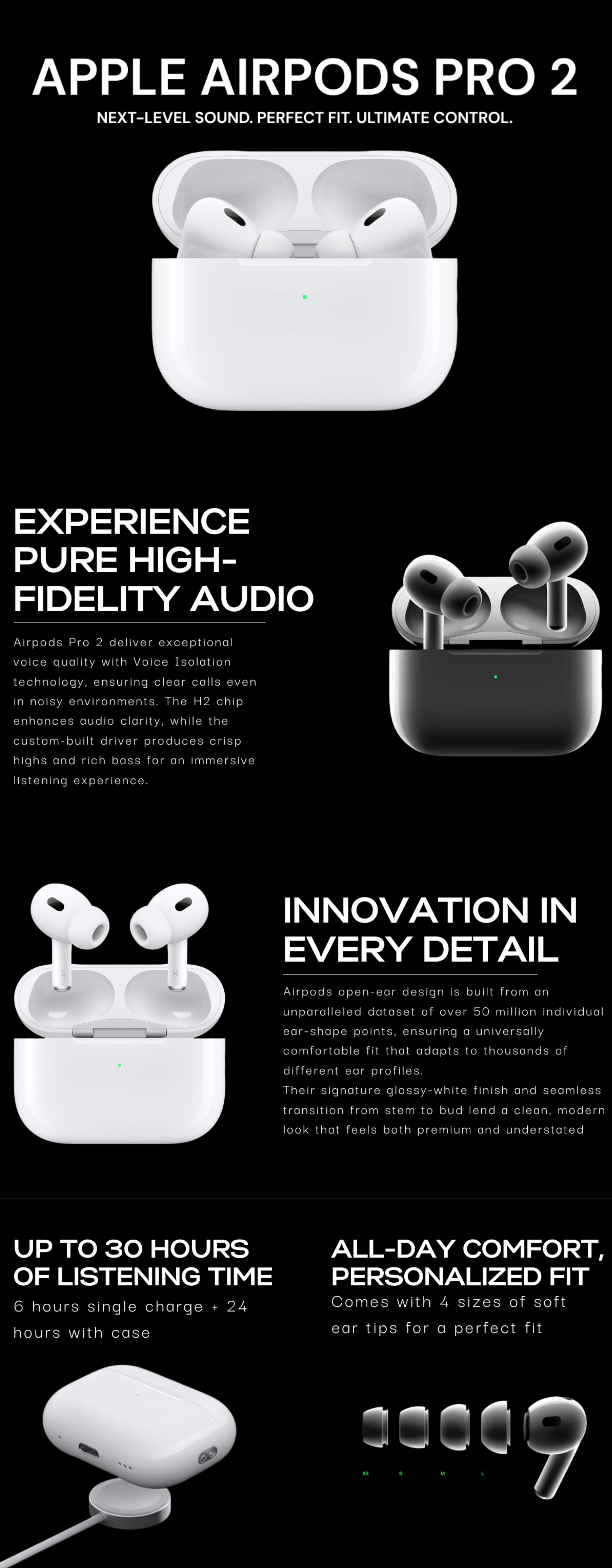 Advertisement for AirPods Pro 2 with product images and features on a black background.