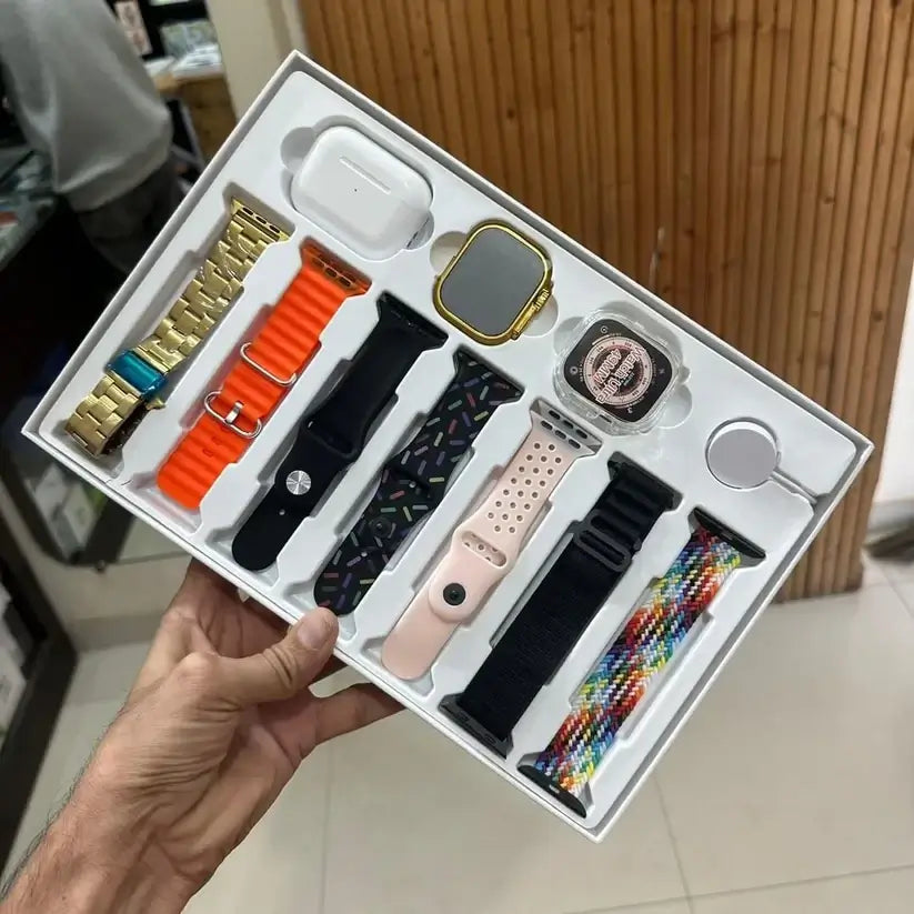 I20 Ultra Max Smart Watch 2.3 Inch Large Screen 10 in 1 Box with 7 Straps and AirPods Pro 2